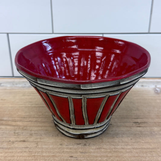 Studio Art Pottery Red Stoneware Carved Line Bowl Vintage Signed