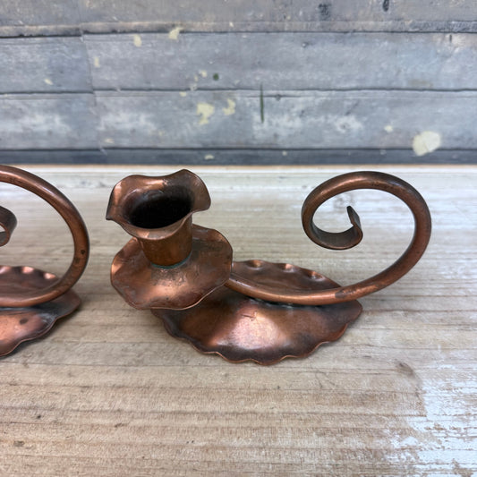 Gregorian Copper Arts & Crafts Candlestick Holders, Set of 2