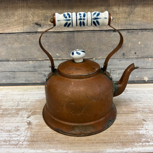 Blue & White Ceramic Handled Copper Tea Kettle