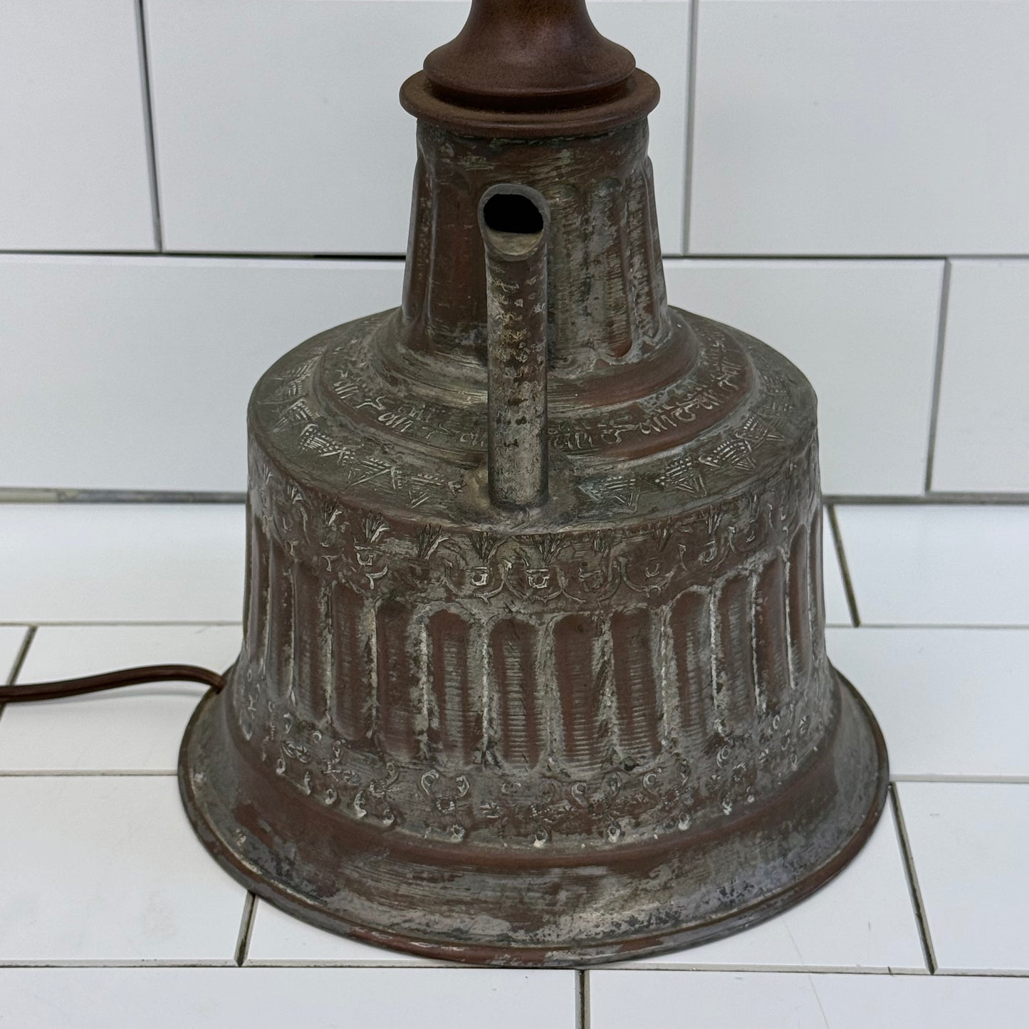Vintage Kettle Table Lamp with Whipstitch Shade