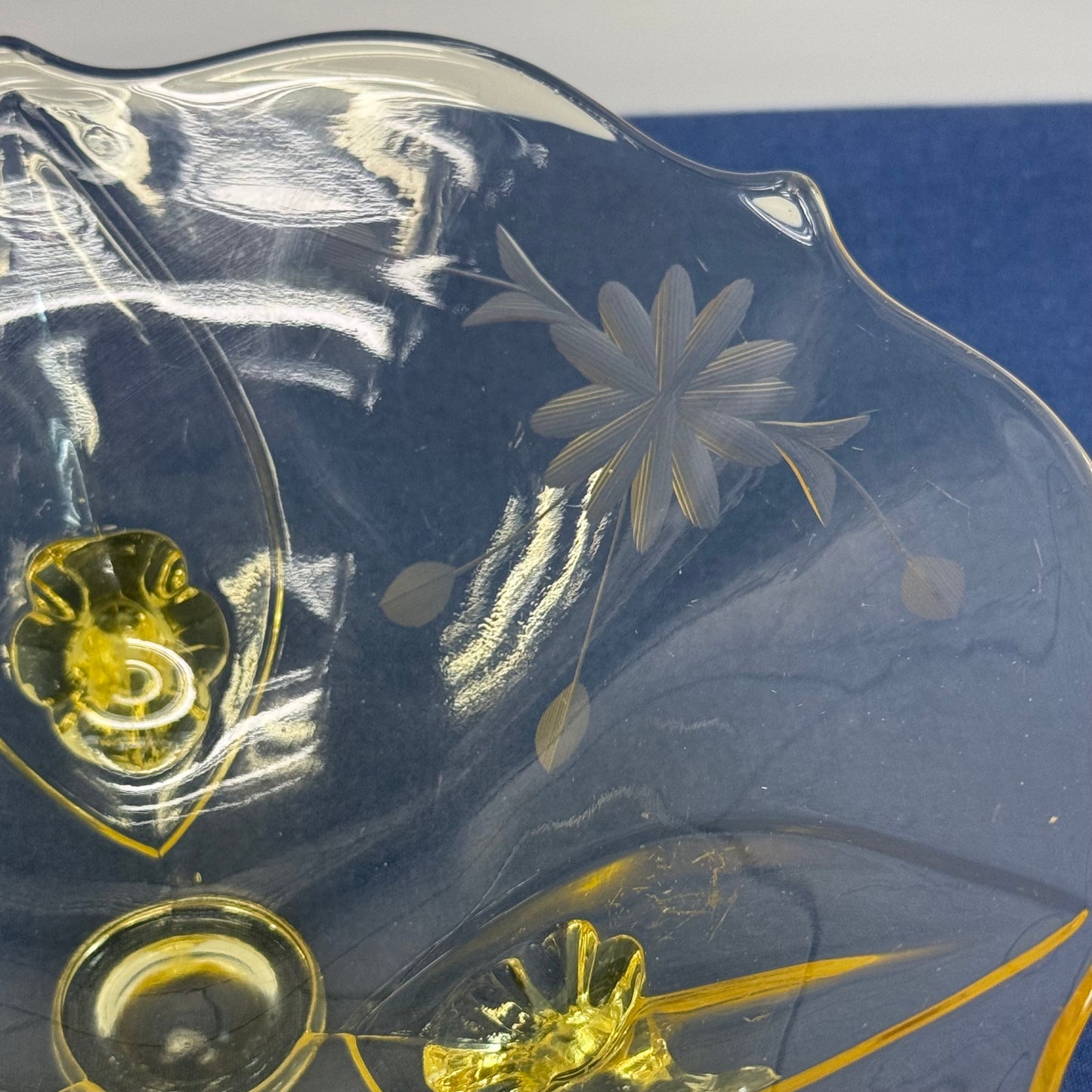 Lancaster Jubilee Amber Etched Floral Tripod Glass Bowl 1930s