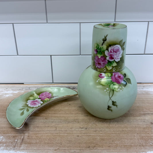 Lefton Floral Carafe & Dish Set Porcelain Pink Roses Vintage
