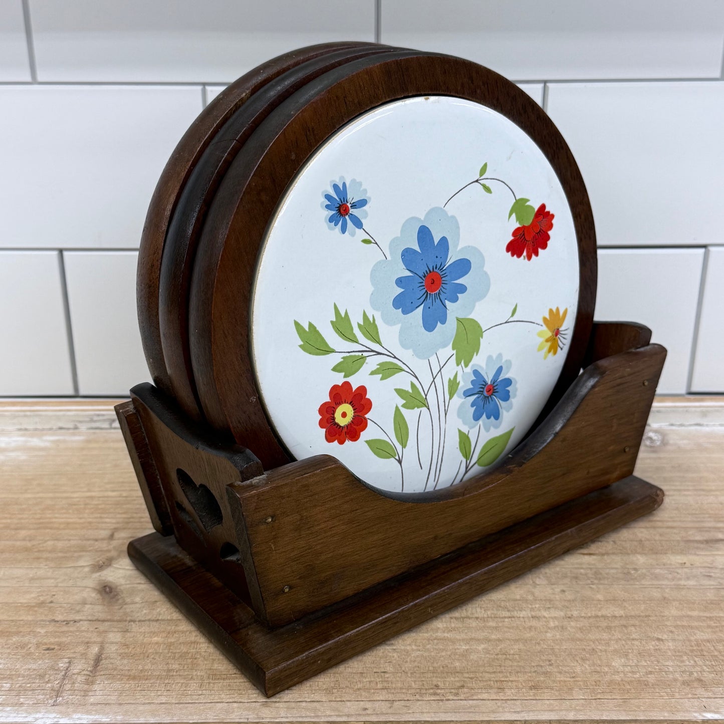 Price Products Floral Wood Trivet Coaster Set w/ Holder