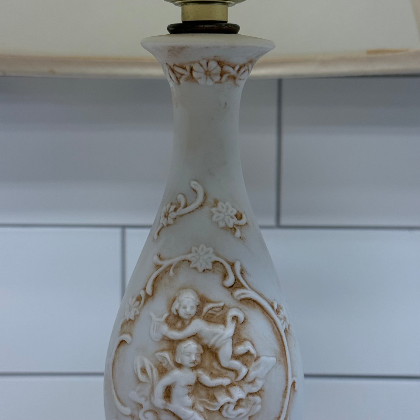 Vintage Cherub Raised Relief Bisque Porcelain Table Lamp