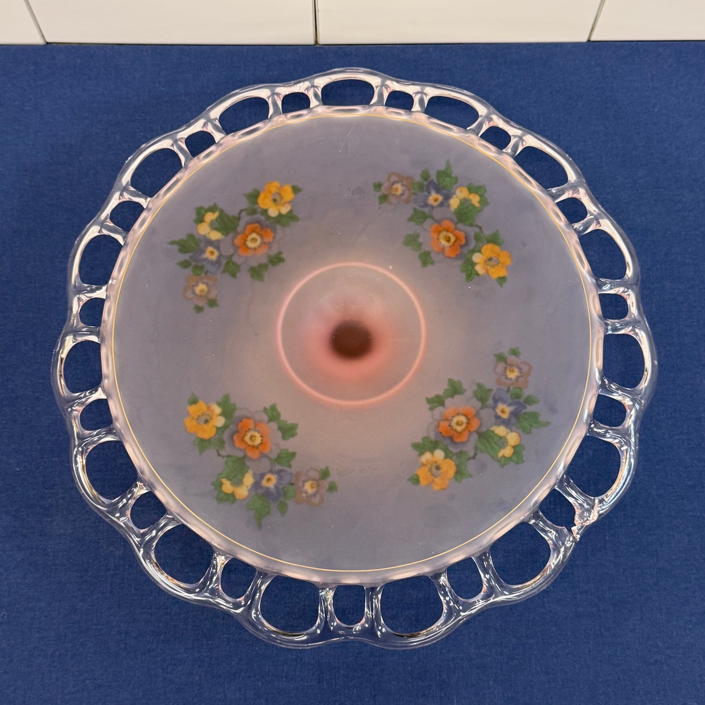 Pink Frosted Glass Floral Openwork Handled Serving Plate
