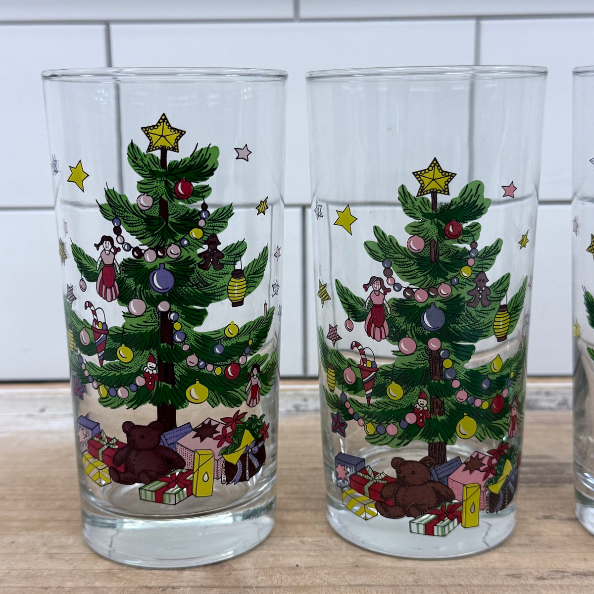 Nikko Christmas Tree Teddy Bear Highball Glass Tumblers Set of 4