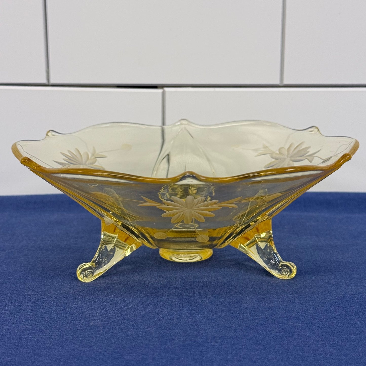 Lancaster Jubilee Amber Etched Floral Tripod Glass Bowl 1930s