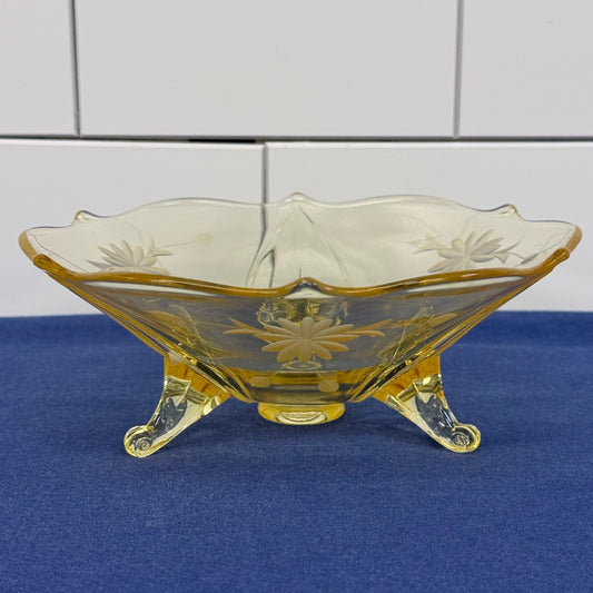 Lancaster Jubilee Amber Etched Floral Tripod Glass Bowl 1930s