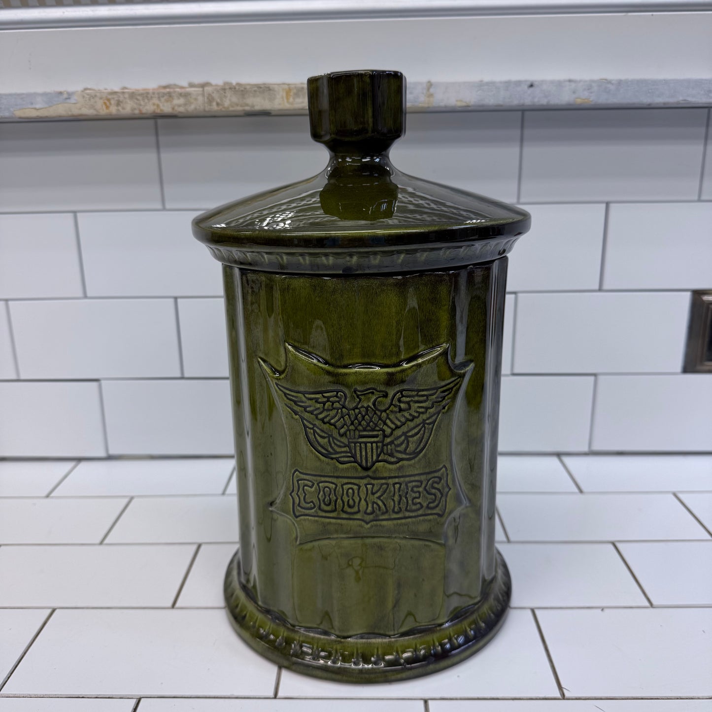 Green Drip Glaze Eagle Cookie Jar #2925 Ceramic Canister