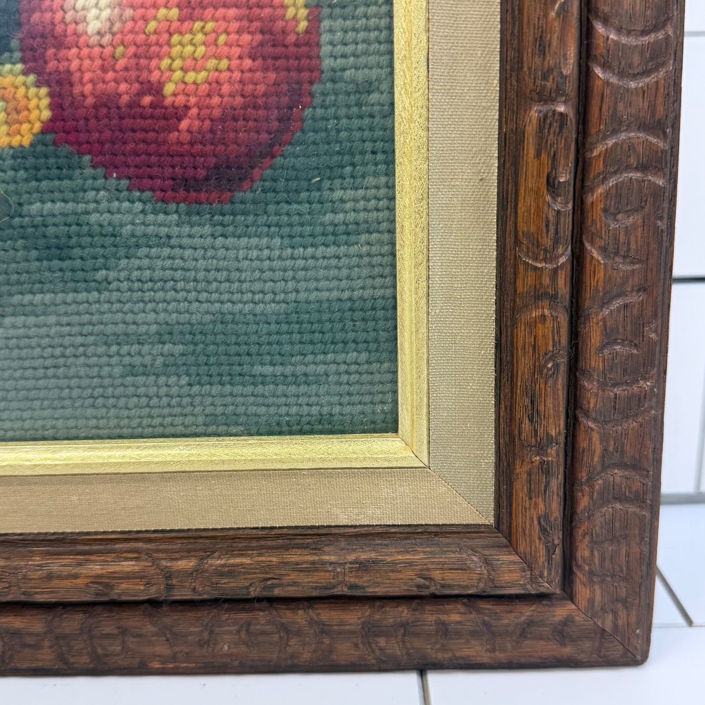 Fruit Still Life with Blue Pitcher Framed Needlepoint Art