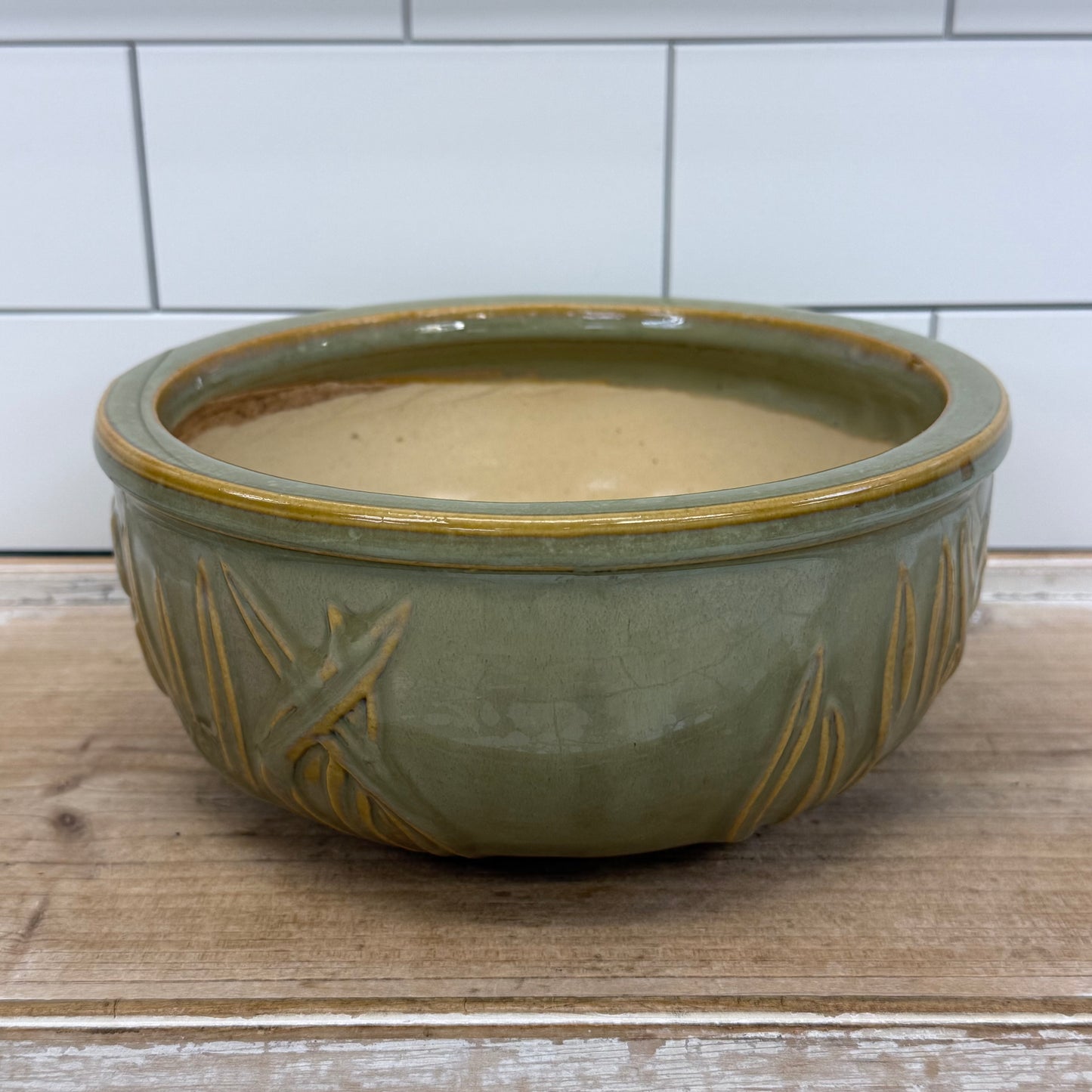 Embossed Tulip Floral Planter Sage Green Glazed Ceramic