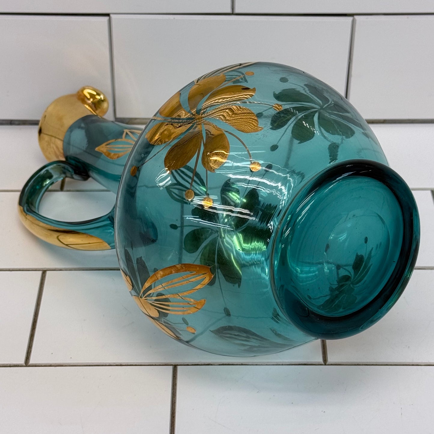 Italian Blue Glass Decanter & 6 Goblets Gold Floral Set