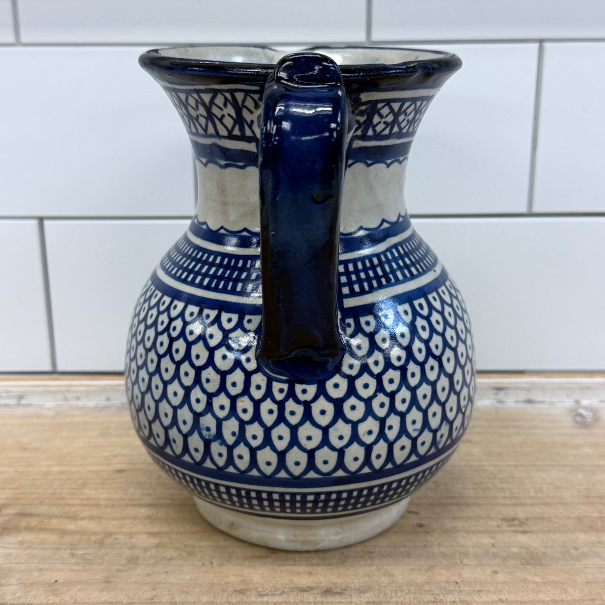 Moroccan Fez Blue White Pottery Pitcher & Plate Hand Painted