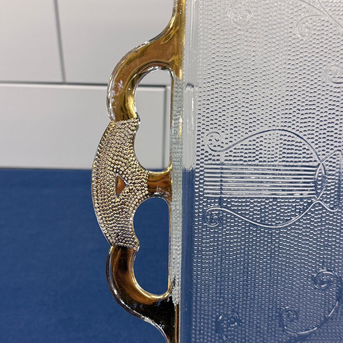 Jeannette Harp Lyre Serving Tray Gold-Trimmed Glass 1950s