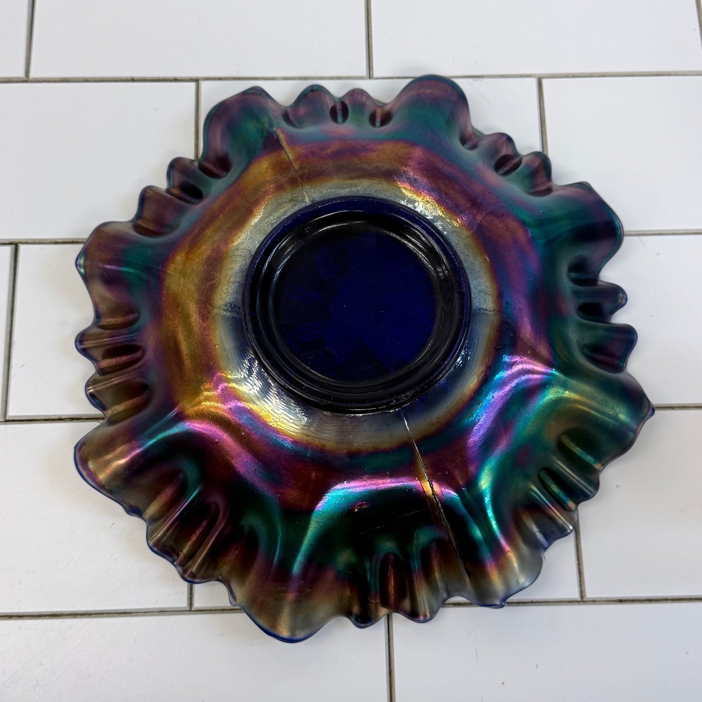 Fenton Holly Carnival Glass Ruffled Bowl Blue Iridescent