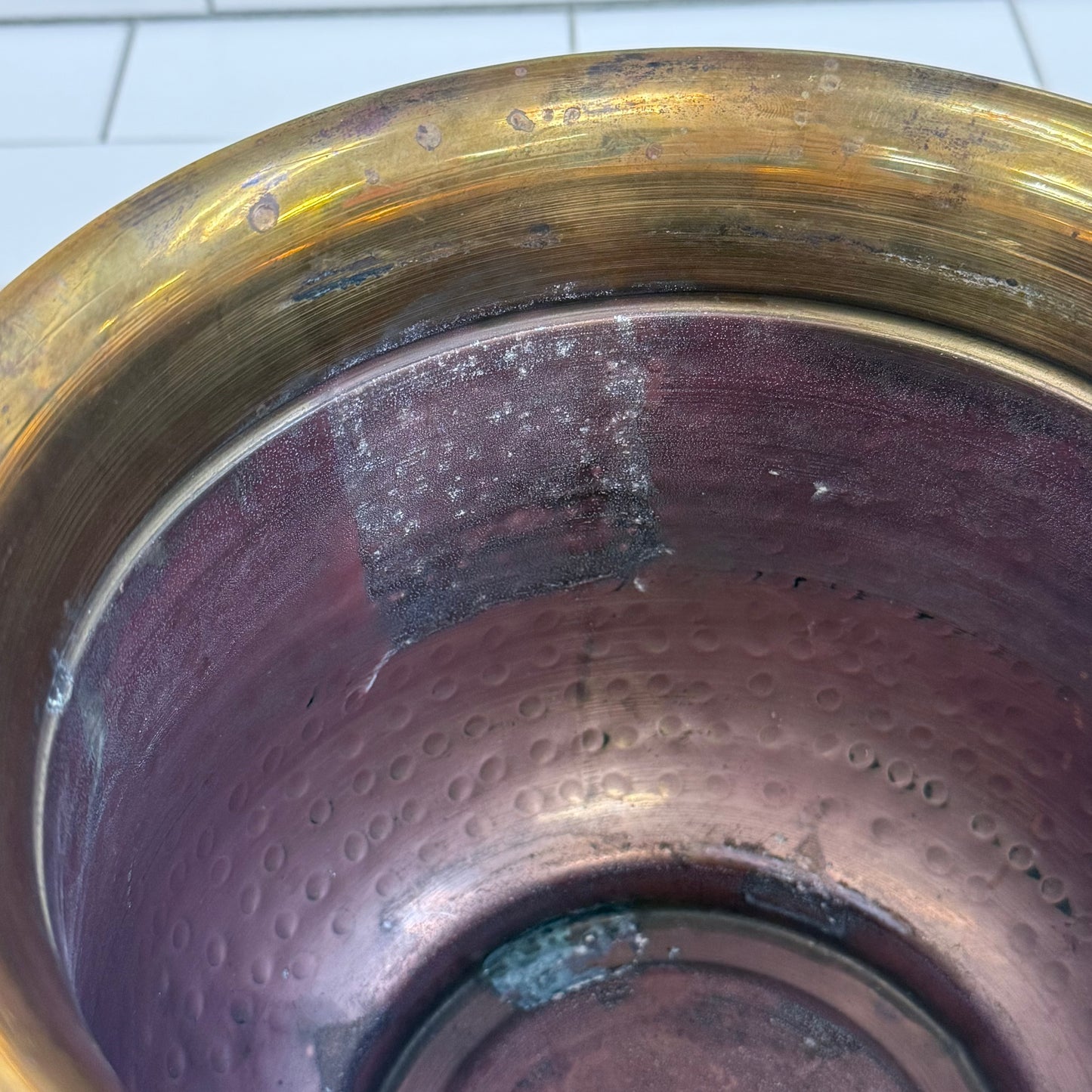 Vintage Hammered Brass Planter with Copper Lined Interior 1960s