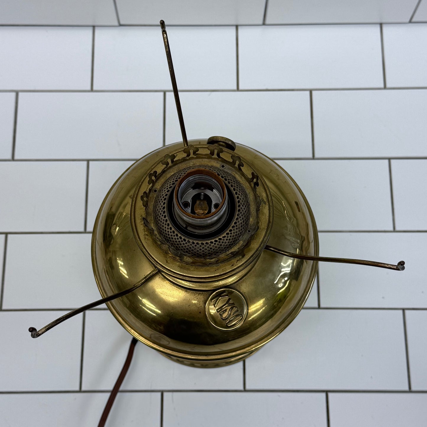 KYSO Brass Electric Hurricane Lamp Glass Shade 1950s