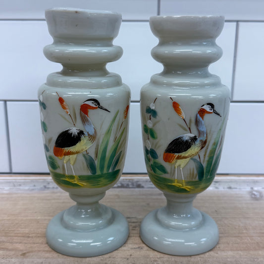 Hand Blown & Painted Bud Vases Set 2 Bristol Style Glass