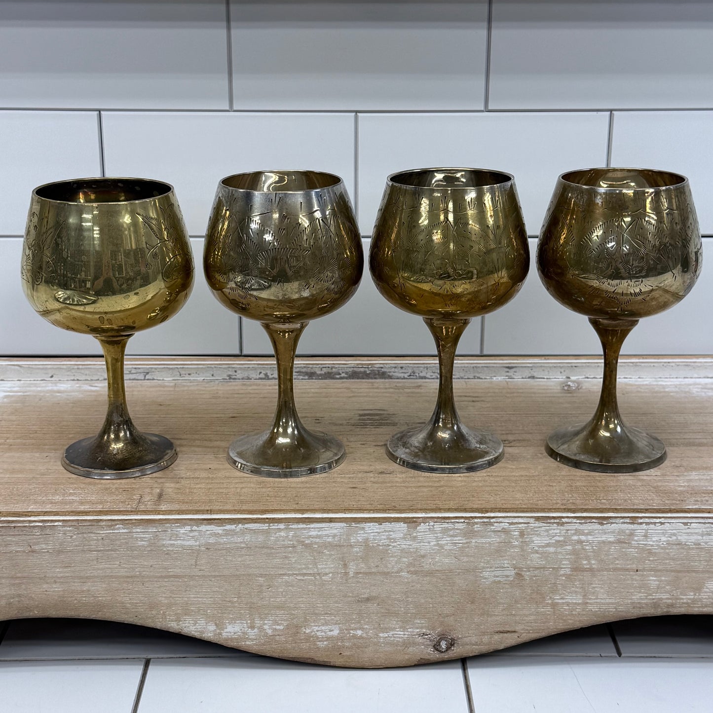 Vintage Floral Etched Goblets, Set of 4