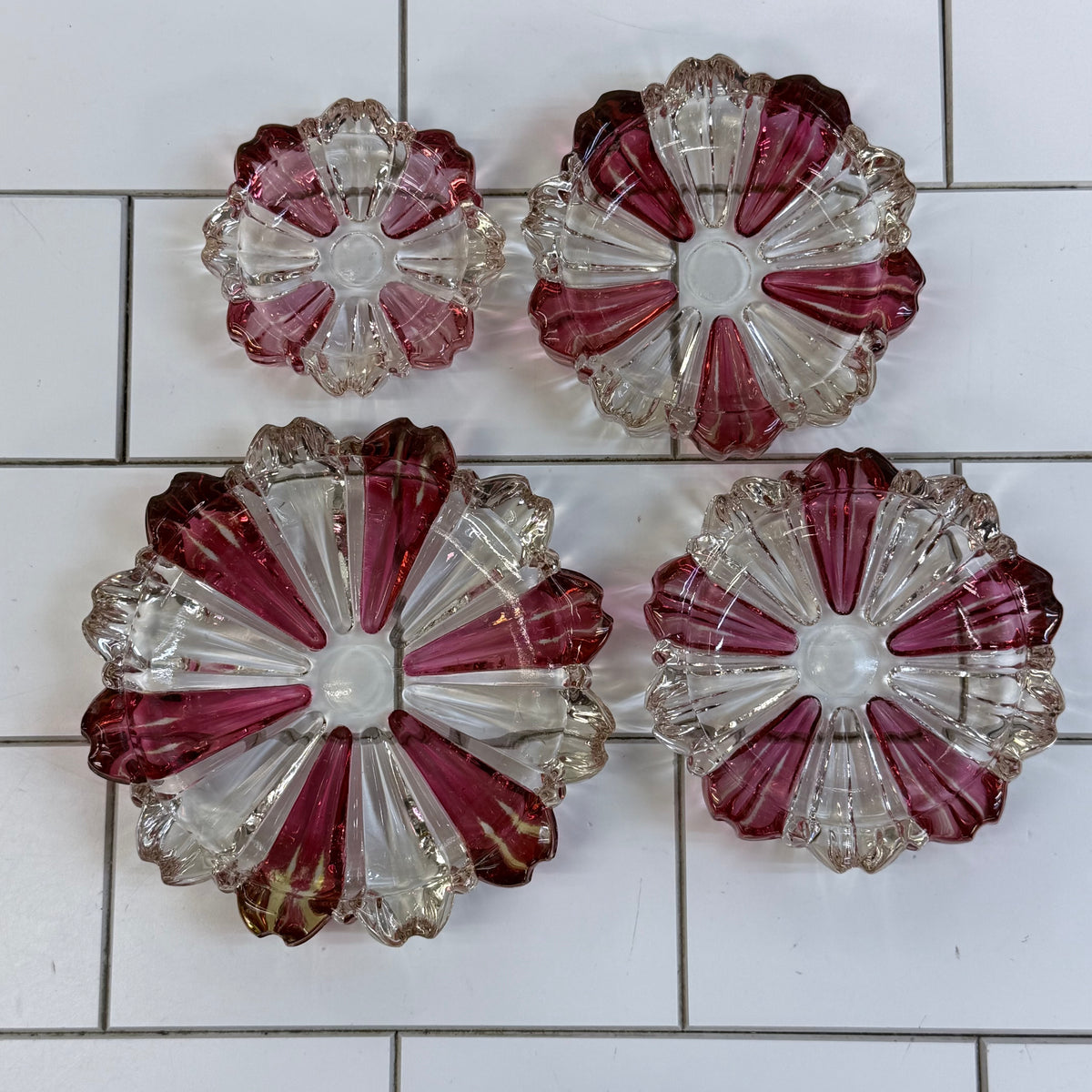 Pink & Clear Glass Scalloped Dishes Set of 4 Vintage 1960s