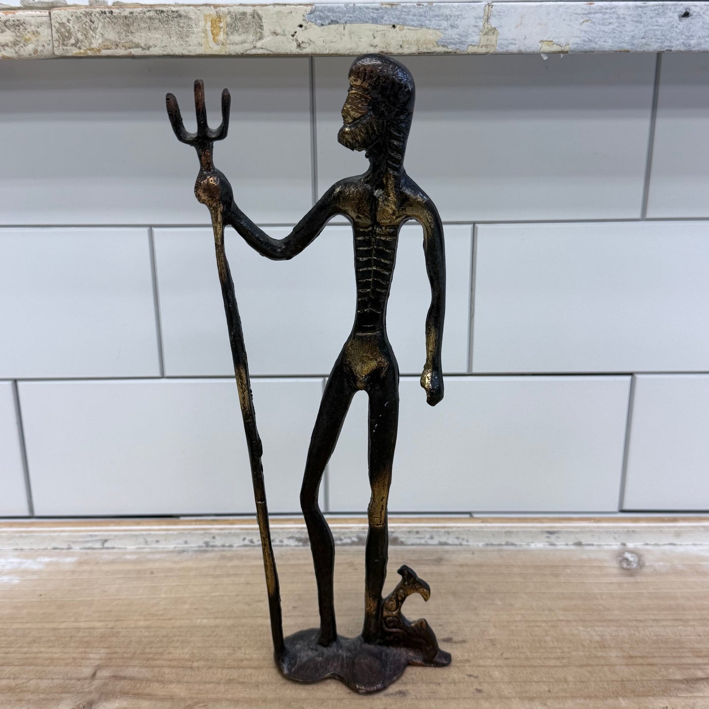 Brutalist Poseidon Bronze Trident Sculpture Figure