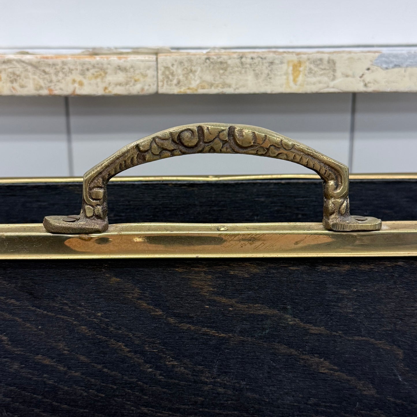 Vintage Embossed Brass & Wood Magazine Rack Old World Scene