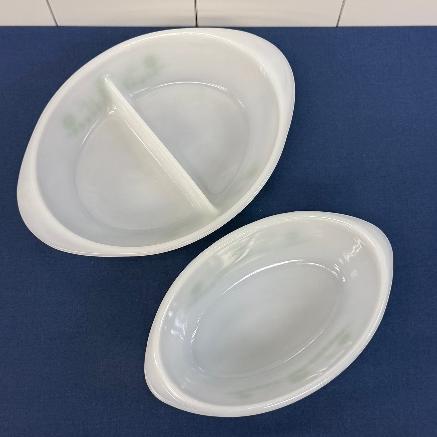 Glasbake Green Daisy Milk Glass Casserole Dishes Set of 2