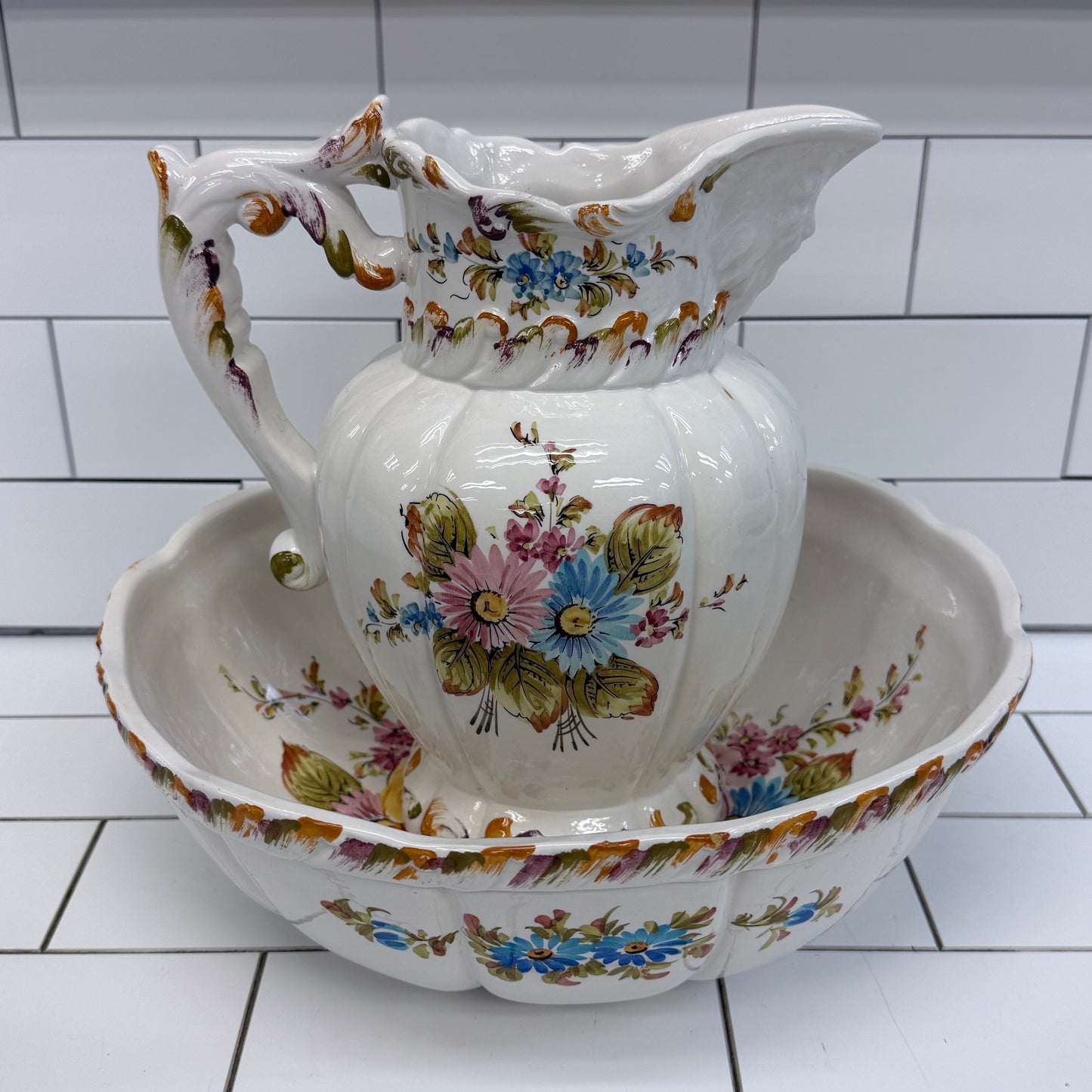 Floral Ceramic Pitcher & Wash Basin Set