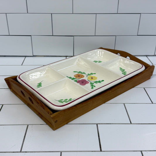 Hand Painted Floral Serving Dish with Wood Tray