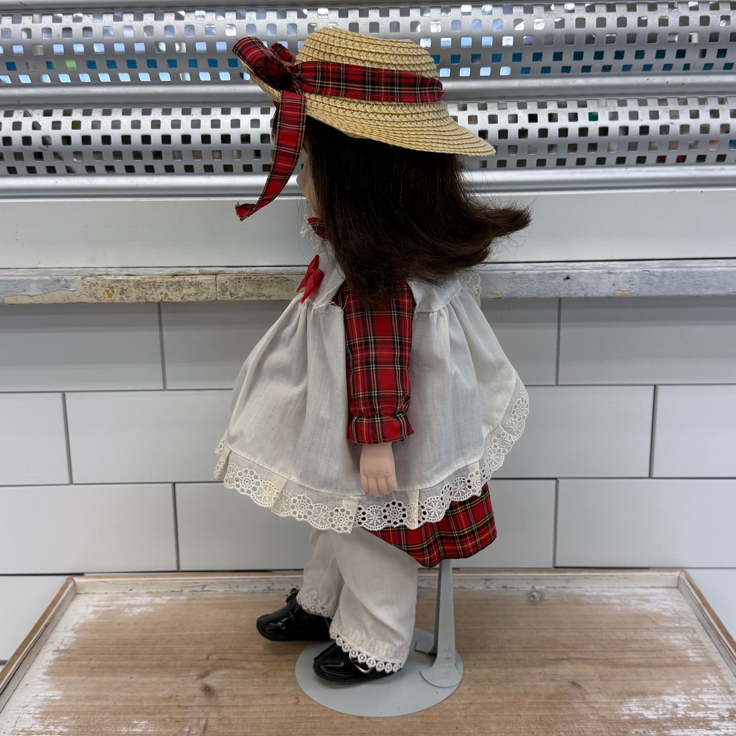 Musical Porcelain Doll in Plaid Dress with Stand & Music Box