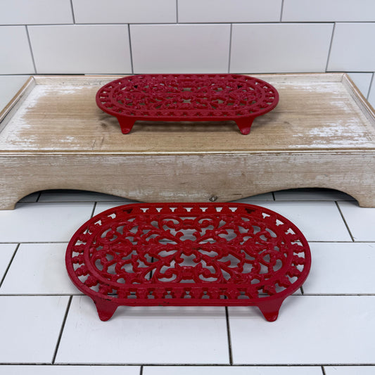Cast Iron Trivets Red Oval Footed Hot Plates Set of 2