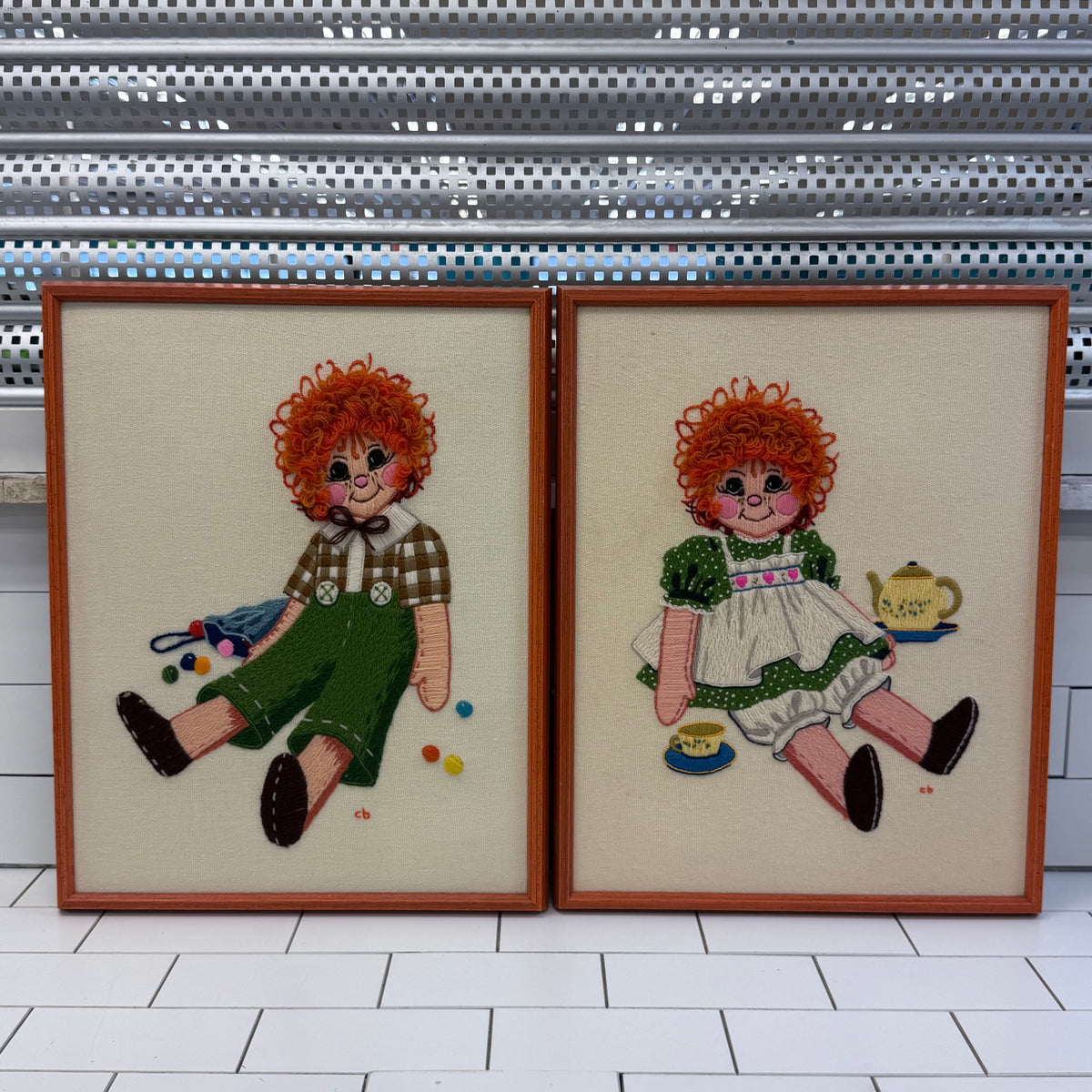 Raggedy Ann & Andy Framed Crewel Embroidery Art, Set of 2