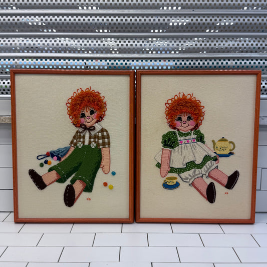 Raggedy Ann & Andy Framed Crewel Embroidery Art, Set of 2
