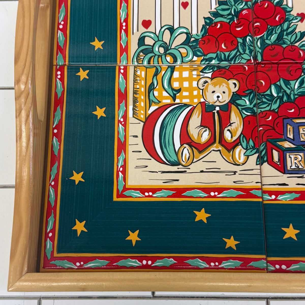 Holiday Serving Tray Ceramic Tile Teddy Bear Decor