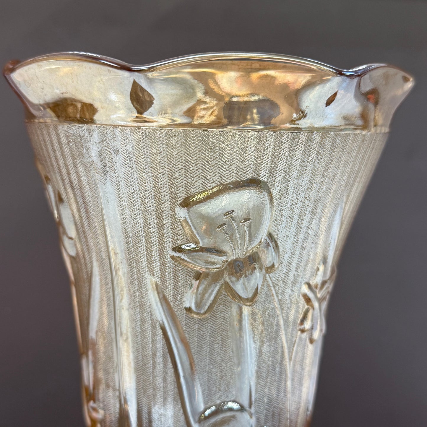 Jeannette Glass Embossed Iris and Herringbone Carnival Vase