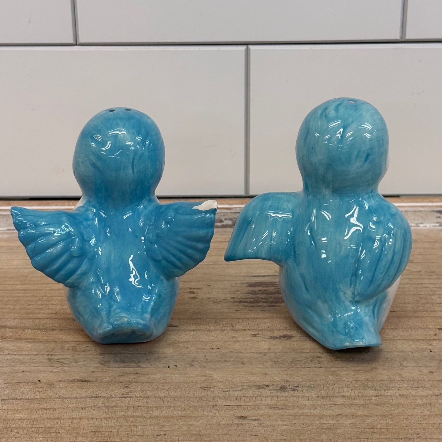Vintage Blue Bird Salt & Pepper Shakers Glazed Ceramic Set of 2