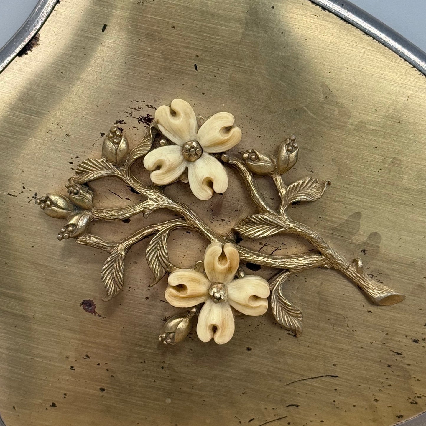 Hollywood Regency Brass Floral Vanity Hand Mirror Vintage Decor