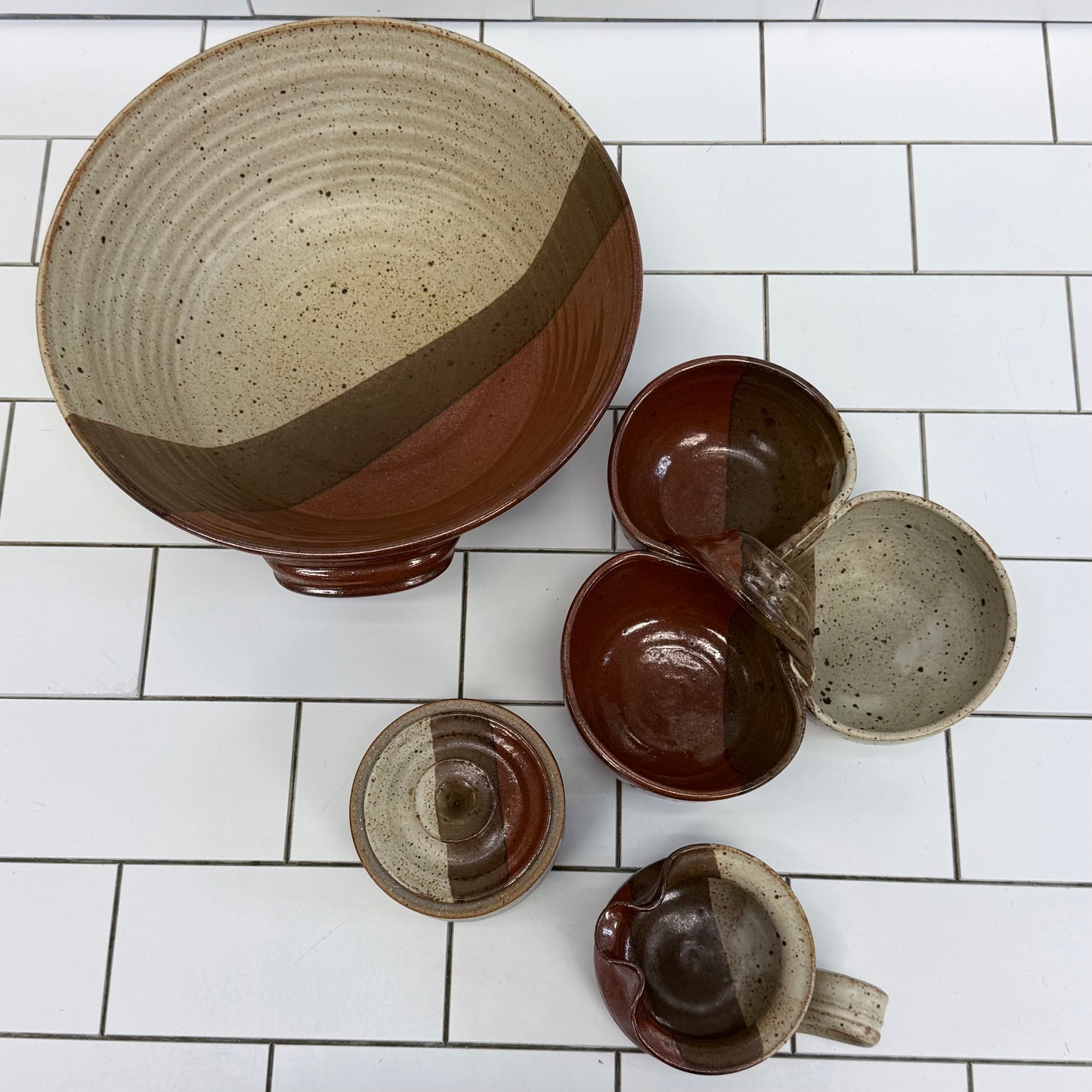Studio Pottery Stoneware Set Burgundy & Beige Lot of 4