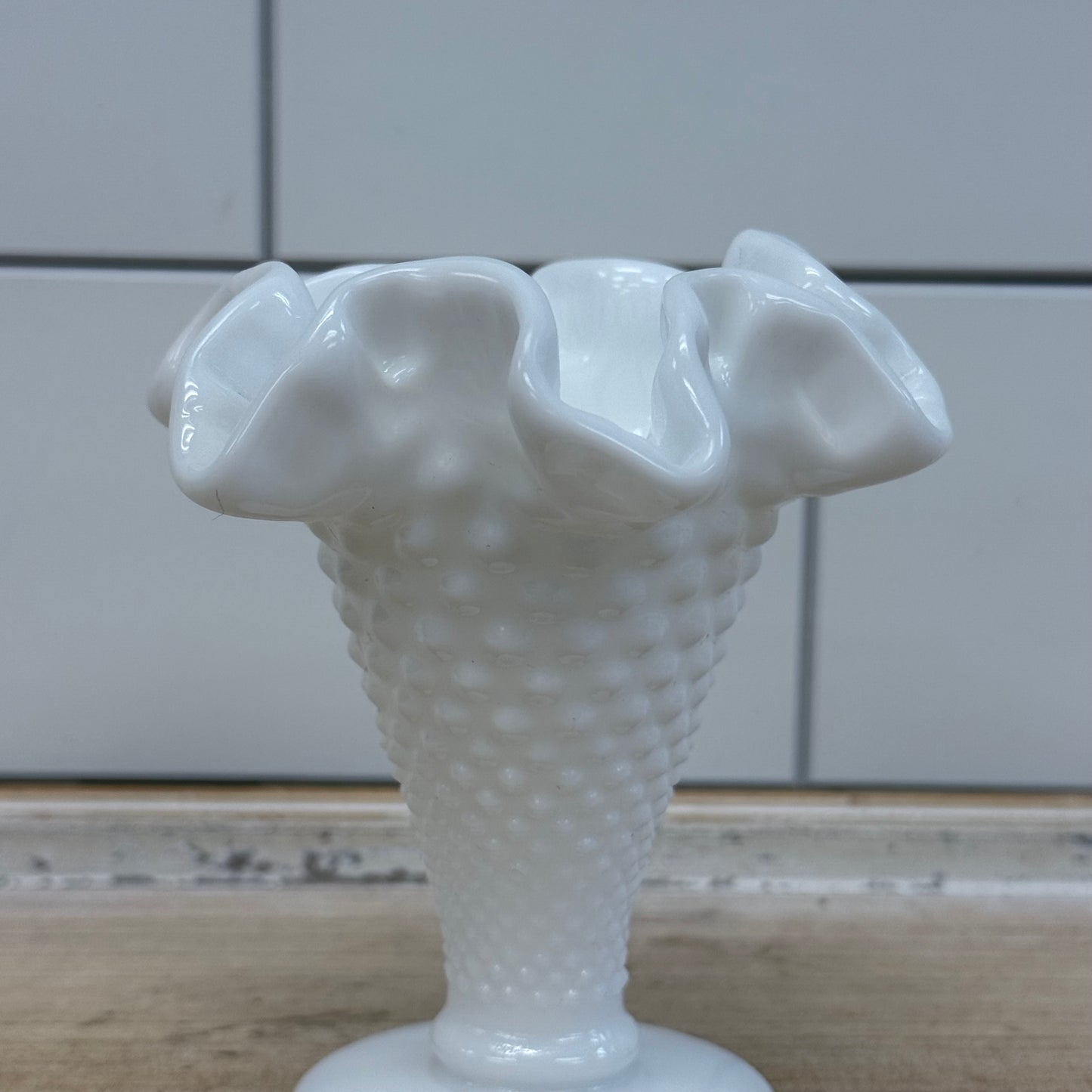 Fenton Trumpet Vase, Ruffled Hobnail Milk Glass