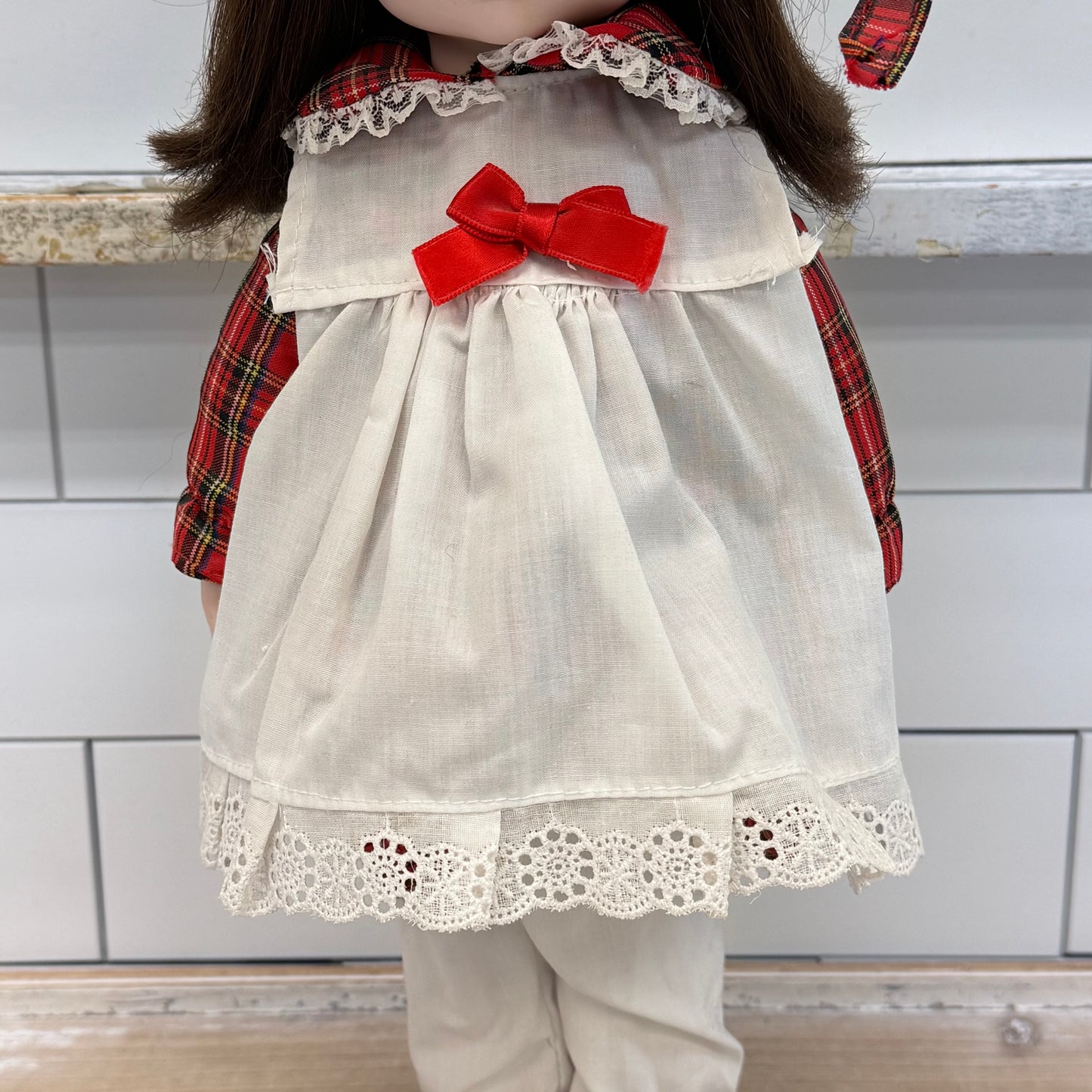 Musical Porcelain Doll in Plaid Dress with Stand & Music Box
