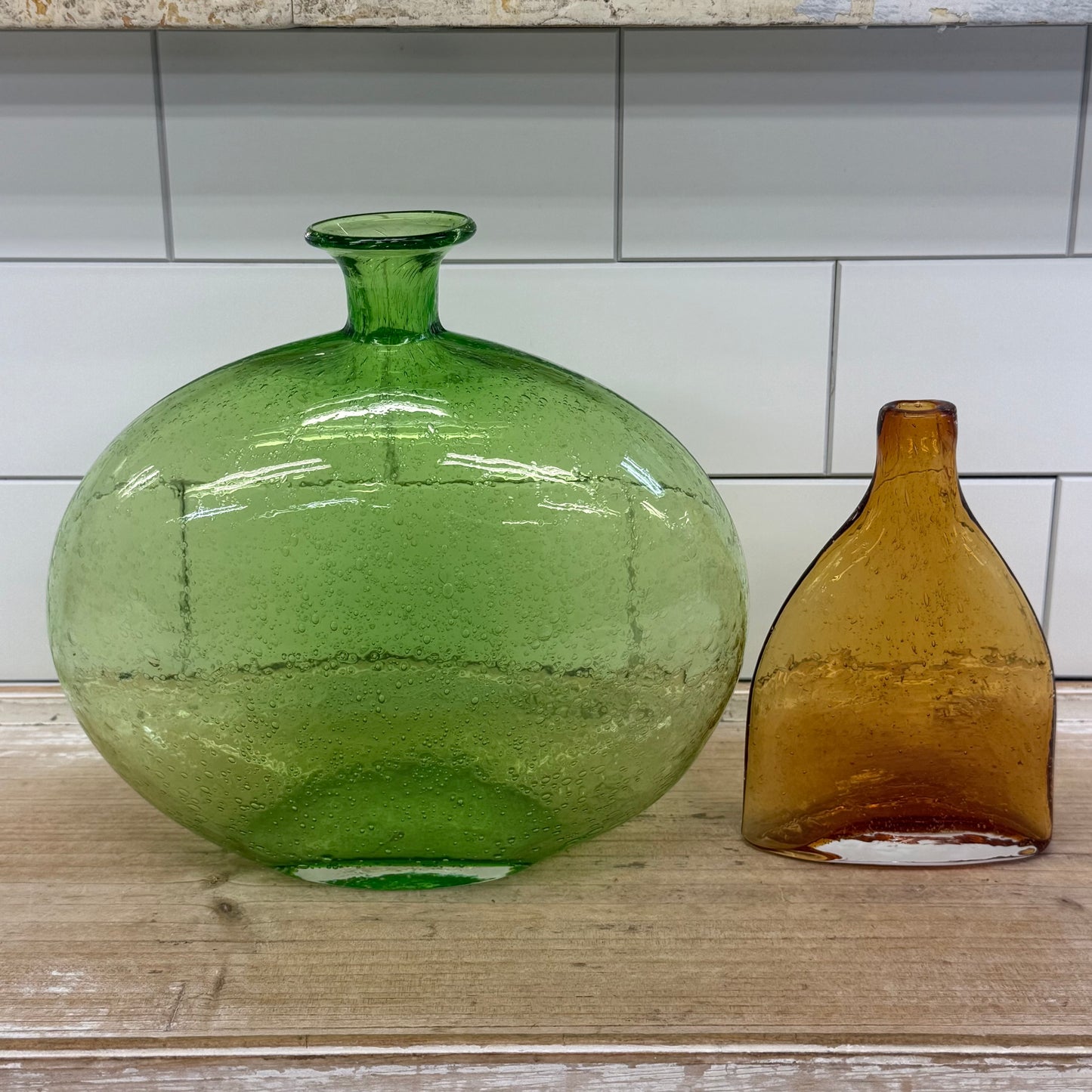 Mexican Seeded Art Glass Vases Green & Amber Hand Blown Set of 2