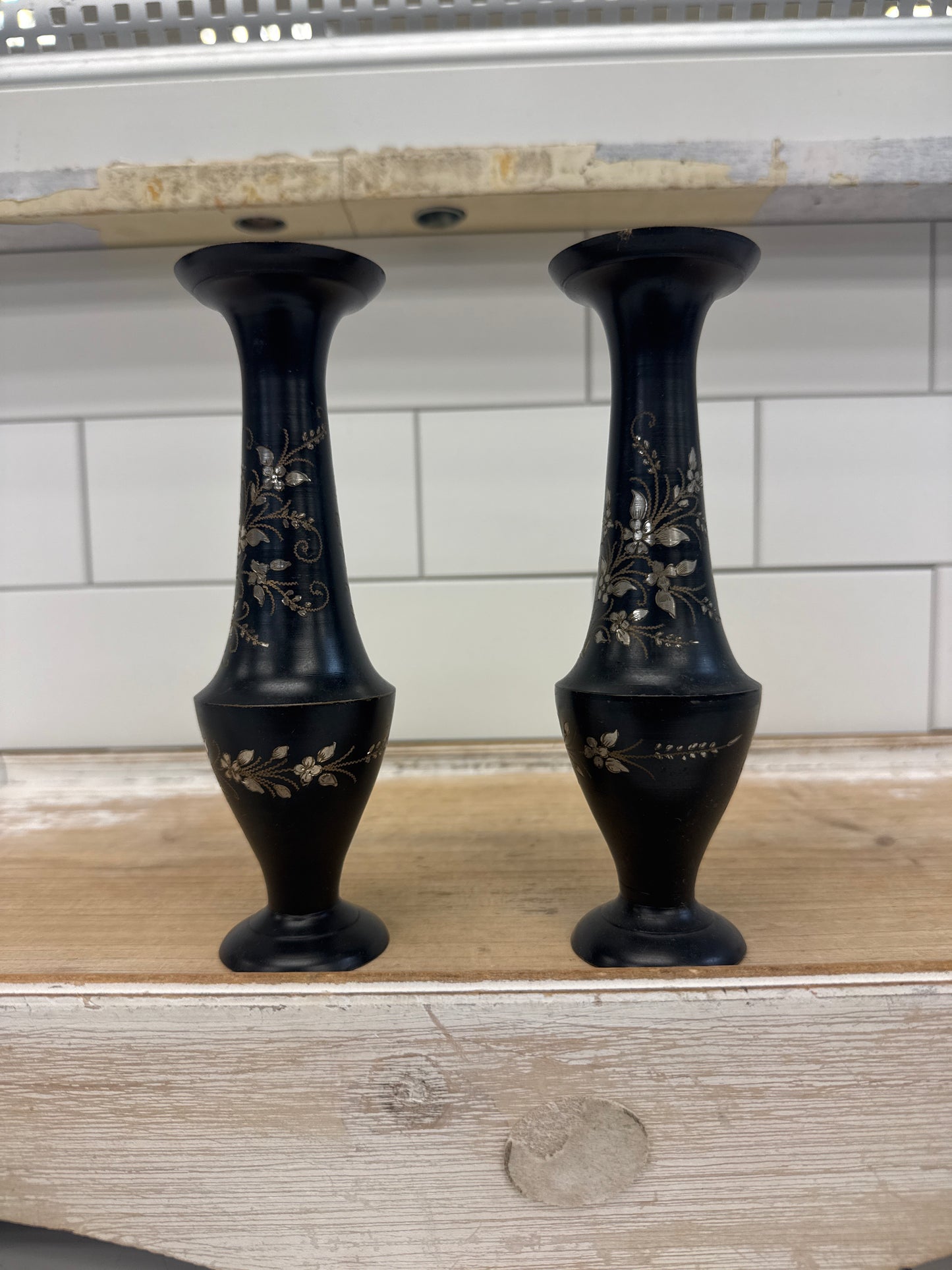 Brass Enamel Vase & Ewer Etched Set of 7 Mid-Century 1960s