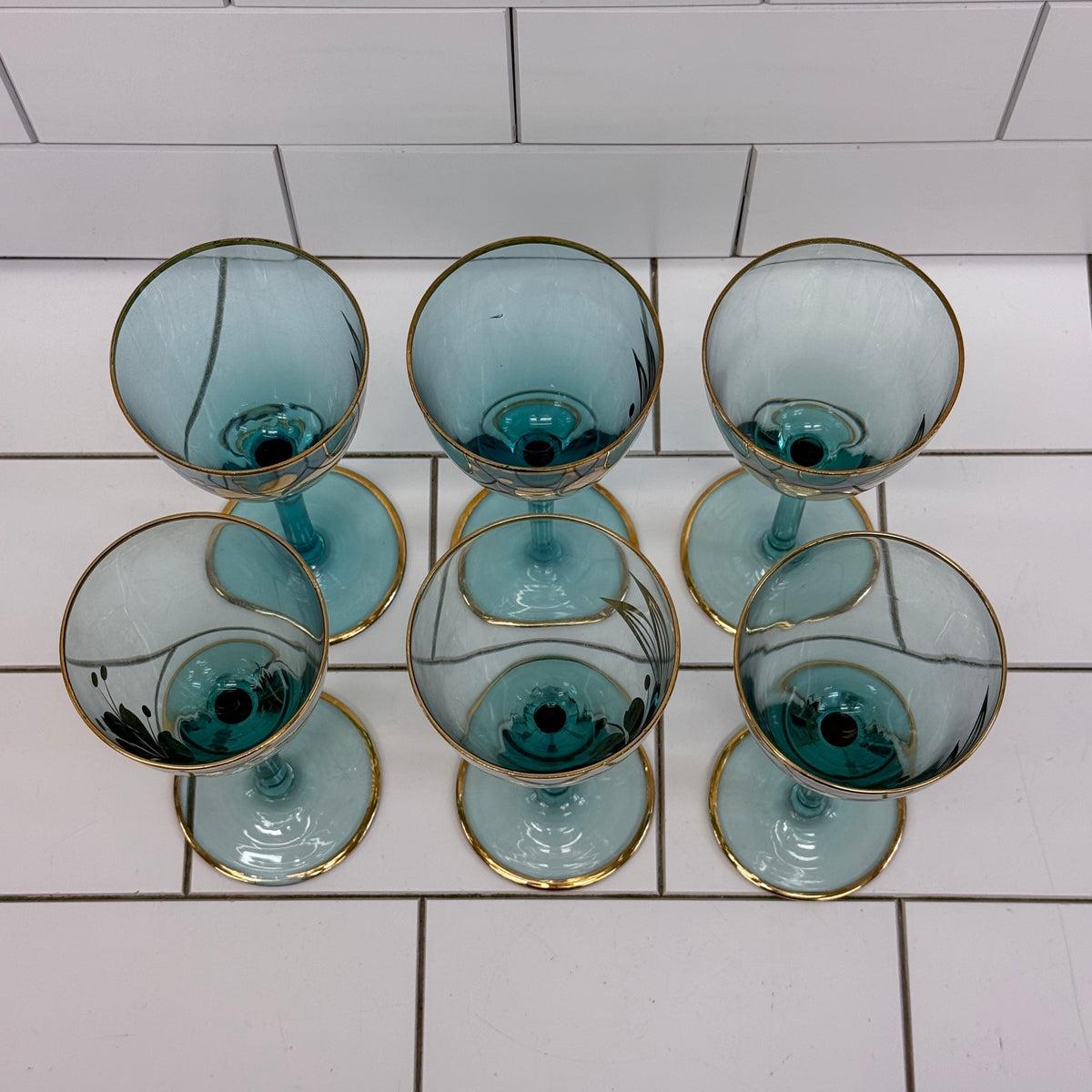 Italian Blue Glass Decanter & 6 Goblets Gold Floral Set