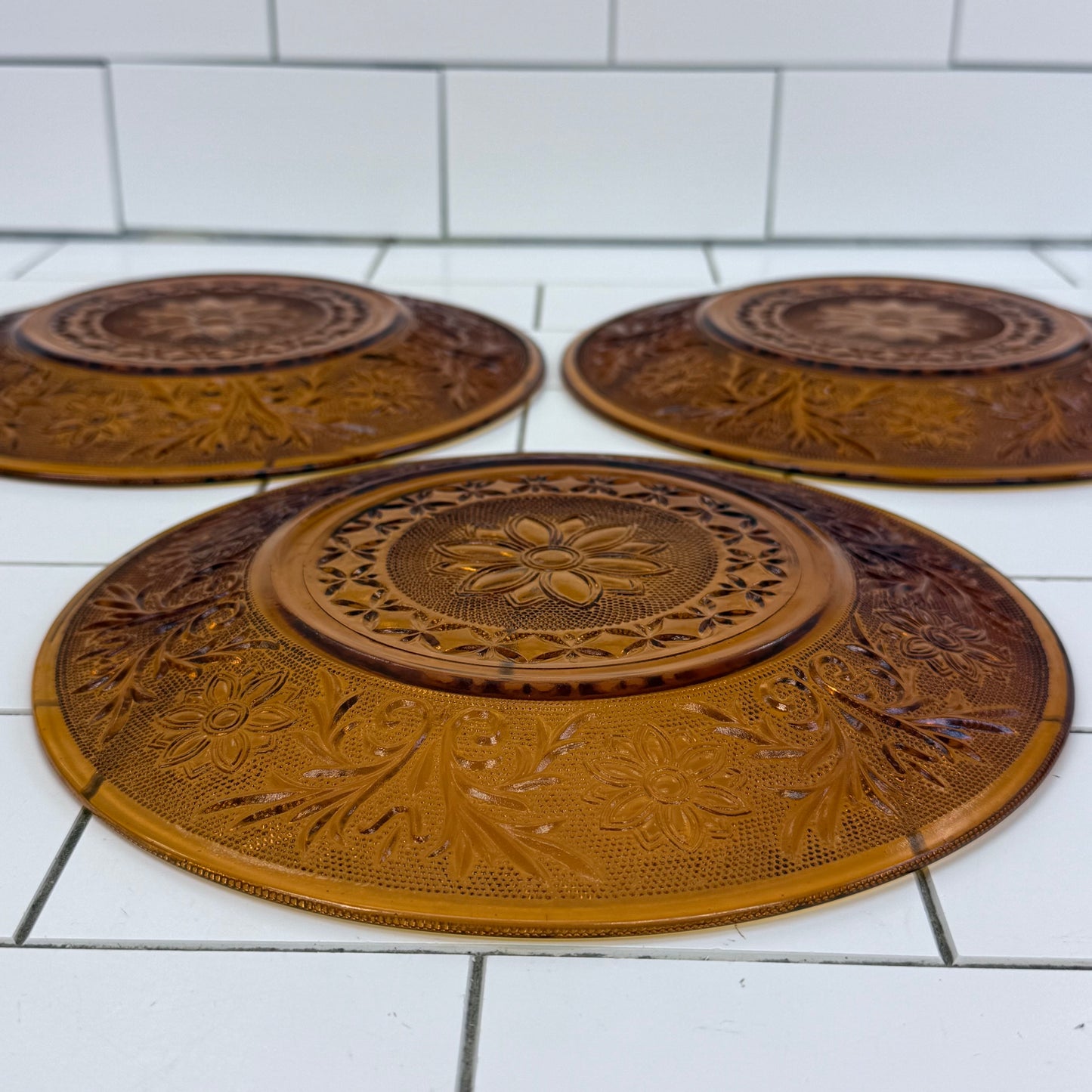 Indiana Glass Golden Amber Floral Plates Set of 3 Vintage 1970s
