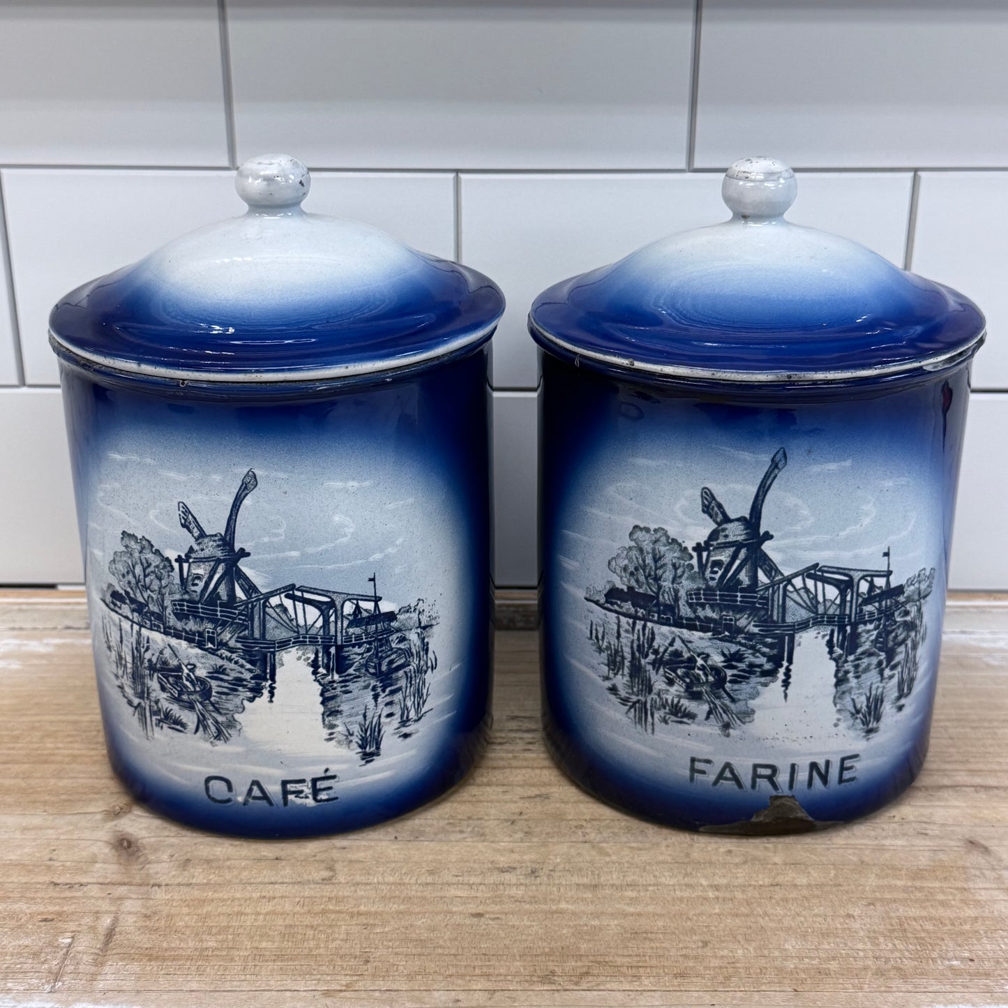 Windmill Enamelware Flour & Coffee Canisters, Set of 2
