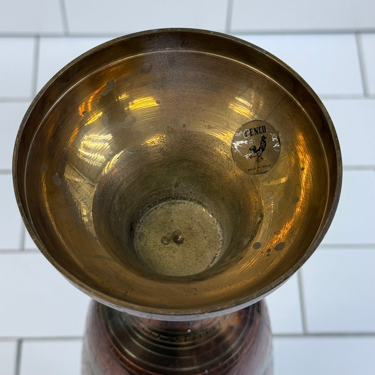 PENCO Indian Brass Engraved Floral Pedestal Vase 17”