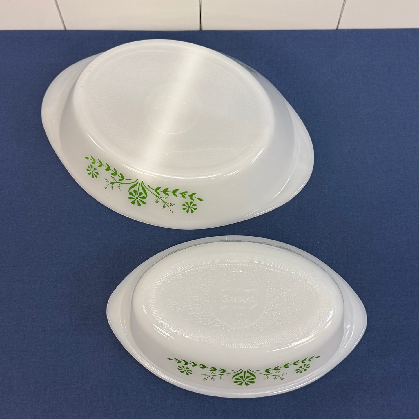 Glasbake Green Daisy Milk Glass Casserole Dishes Set of 2