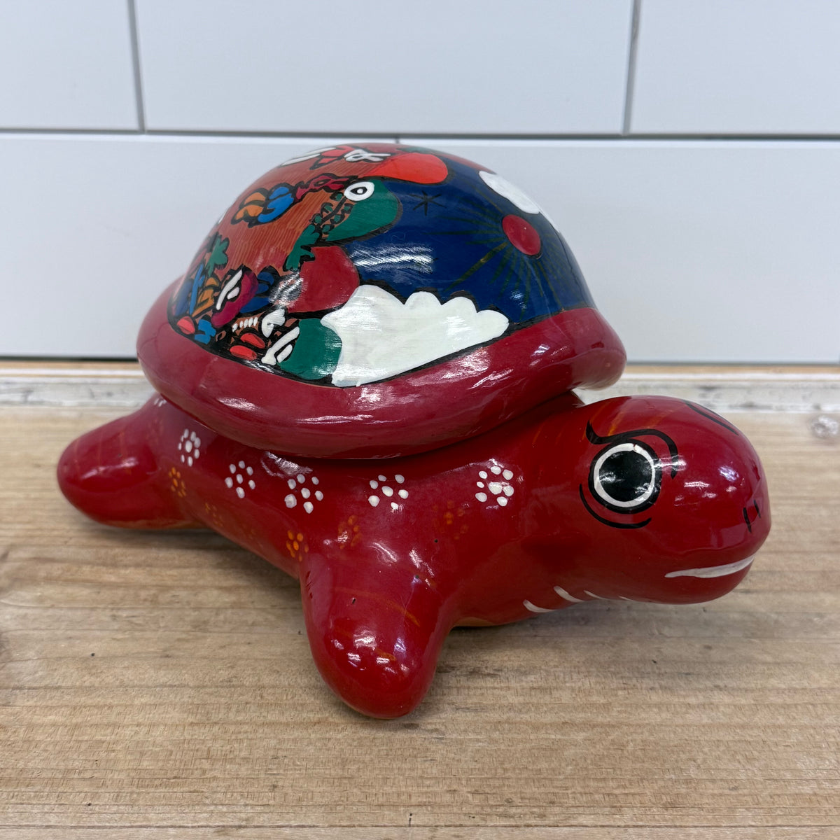 Mexican Folk Art Turtle Ceramic Trinket Box with Lid