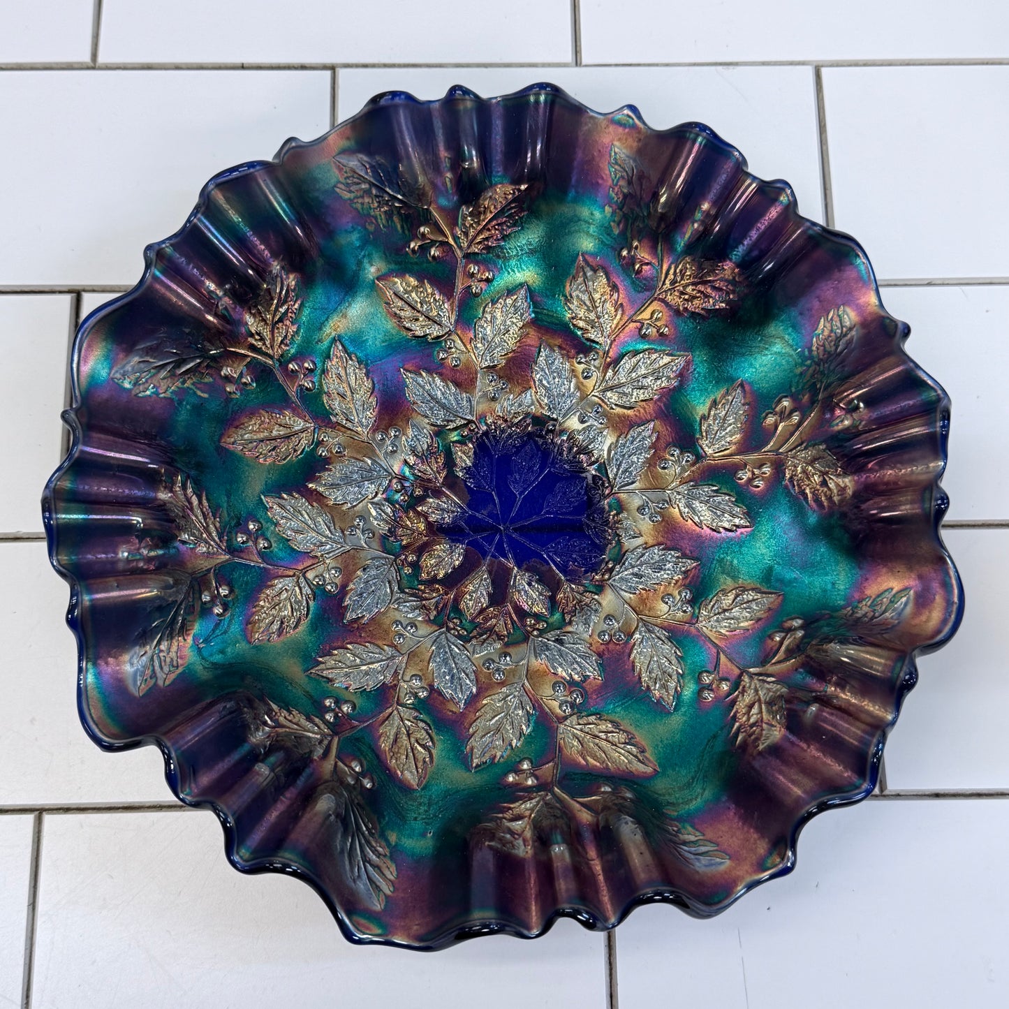 Fenton Holly Carnival Glass Ruffled Bowl Blue Iridescent