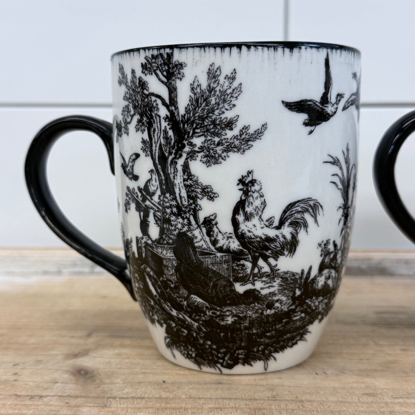 Aux Au Provence Rooster Toile Mugs Set of 2 Ceramic
